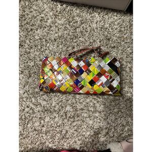 Nahui Ollin Woven Candy‎ Wrapper Clutch Wristlet w/Red Patent Leather Strap/x